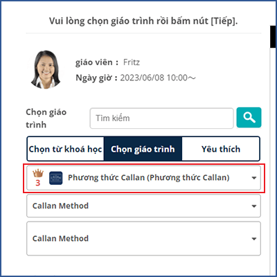 Quy trình đặt trước bài học bằng cách sử dụng tùy chọn all-you-can-take của callan