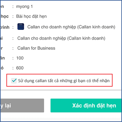 Quy trình đặt trước bài học bằng cách sử dụng tùy chọn all-you-can-take của callan