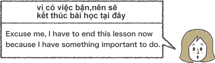 Minh hoạ người phụ nữ bận việc muốn dừng bài học, nói “Excuse me, I have to end this lesson now because I have something important to do.”